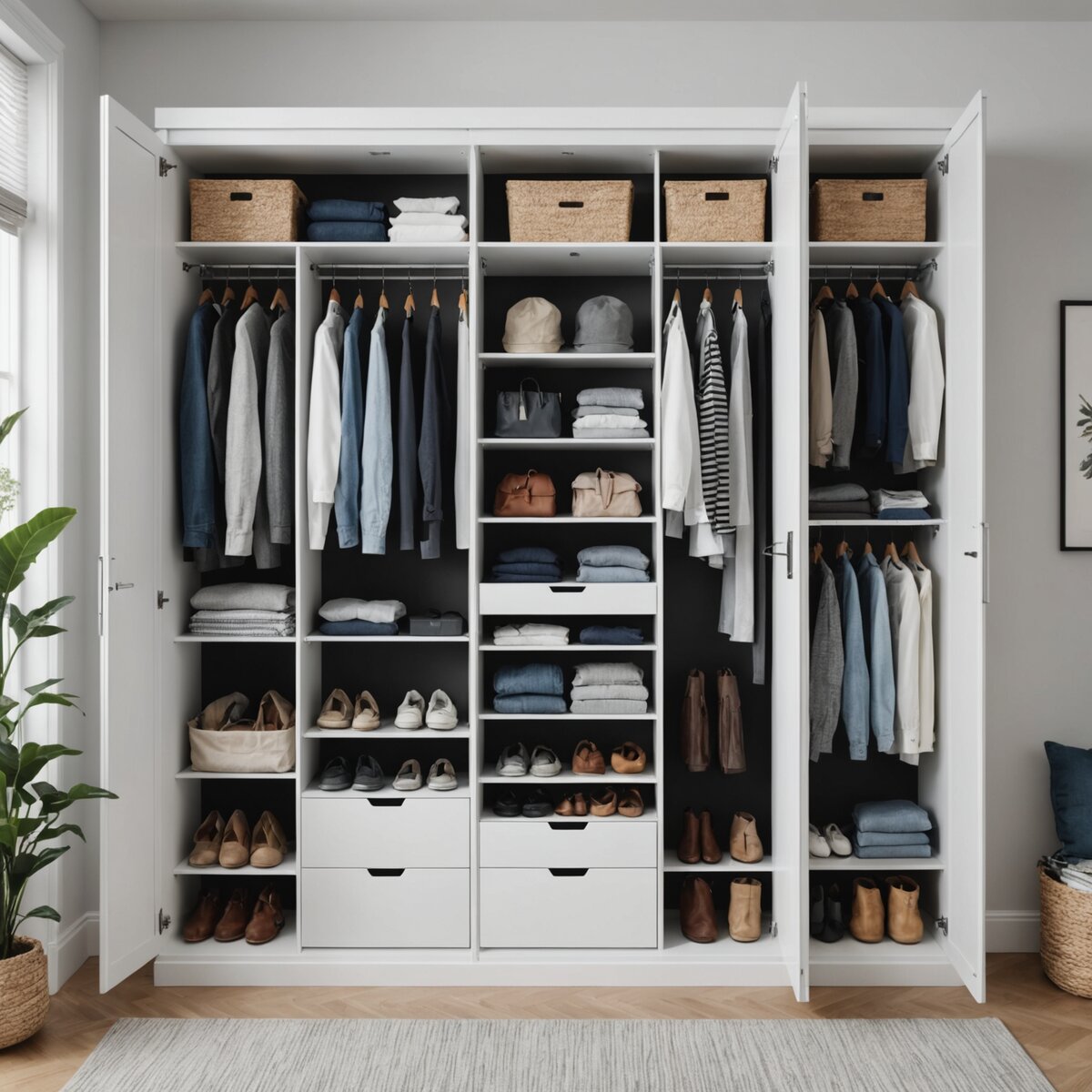 Smart wardrobe closet with organized clothes and AI interface